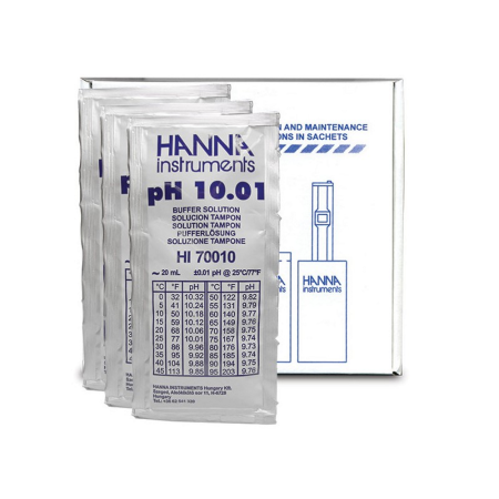 Buffer solutions Hanna Instruments HI-70010P, Technical buffer, pH 10.01 (25 x 20ml sachets), single-use sachets, calibration/verification purpose, 24 months shelf-life