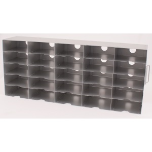 Rack for cryoboxes Wesbart SOR462 aluminium, side loading, 25 boxes per rack, suitable for 2 inch boxes, dimensions 287h x 140w x 688d mm