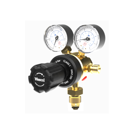 Gas cylinder regulator Wescol RE0250 input pressure range 230 bar, outlet pressure range 0-4 bar, gas type: Air/Nitrogen/Helium, multi-stage control for increased accuracy, not suitable for flammable gases, includes 3/8 nut and 6mm nipple, recommended 5 year lifetime in accordance with BCGA CP7 (replaces NTCR7)