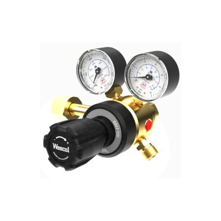 Gas cylinder regulator Wescol RE0350 input pressure range 300 bar, outlet pressure range 0-4 bar, gas type: CO2, multi-stage control for increased accuracy, not suitable for flammable gasses, includes 3/8 nut and 6mm nipple, recommended 5 year lifetime in accordance with BCGA CP7