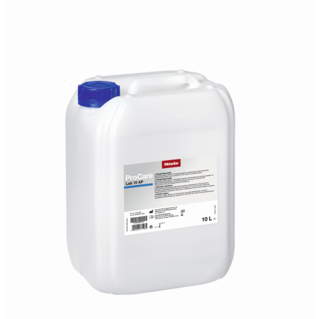 Glass washer cleaning agent Miele Procare Lab 10 AP is phosphate free, requires dosing pump, liquid, 1 x 5 litres pack size.  N.B. for UK sales, VAT is always chargeable on this product