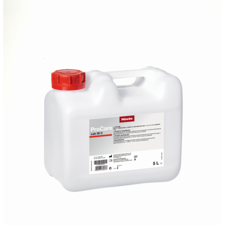 Glass washer rinsing agent Miele Procare Lab 30 C  neutralises alkaline residues, is phosphate free, requires dosing pump, liquid, 1 x 5 litres pack size.  N.B. for UK sales, VAT is always chargeable on this product